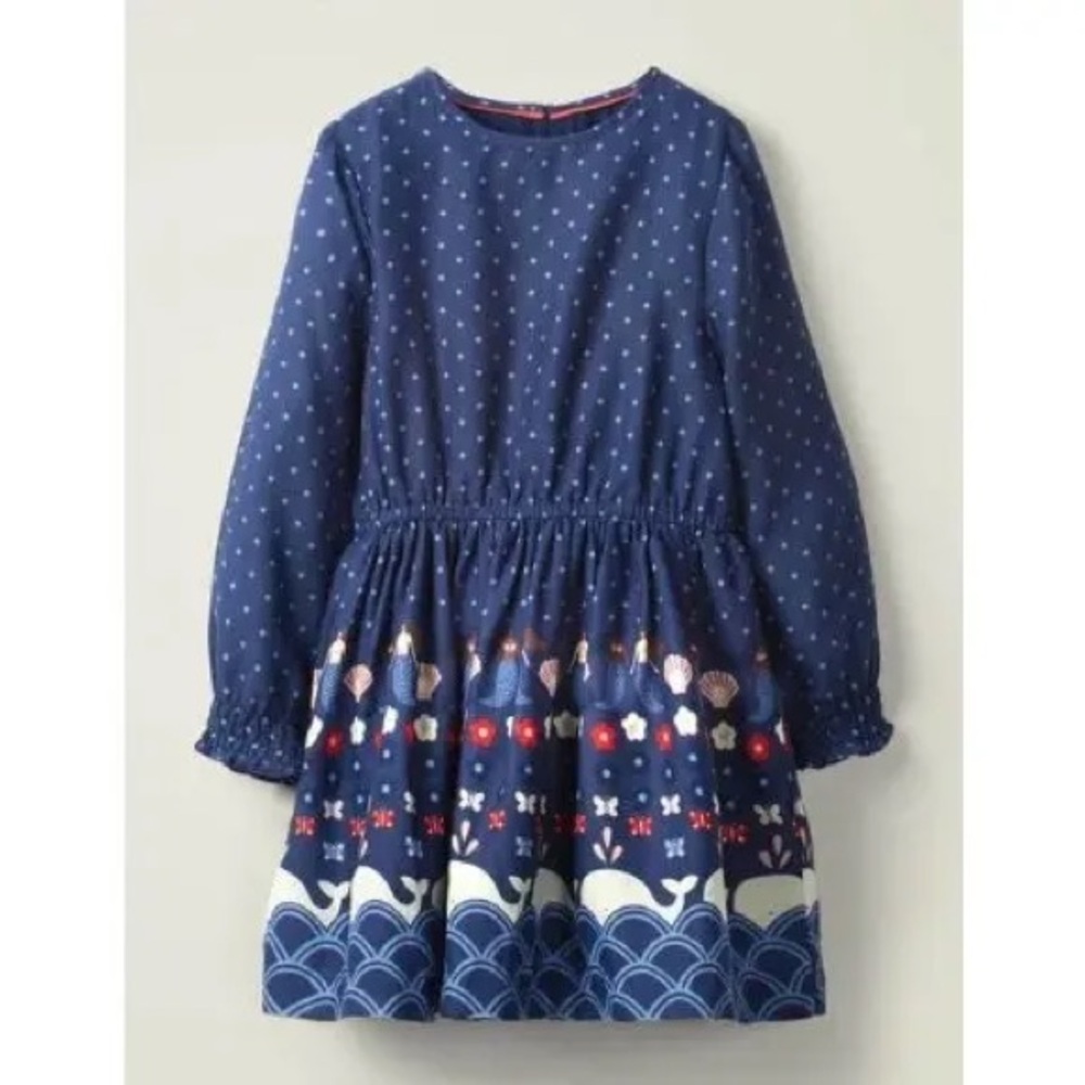 Mini Boden Girls Mermaid Polka Dot Long Sleeve Dress size 5-6 Years